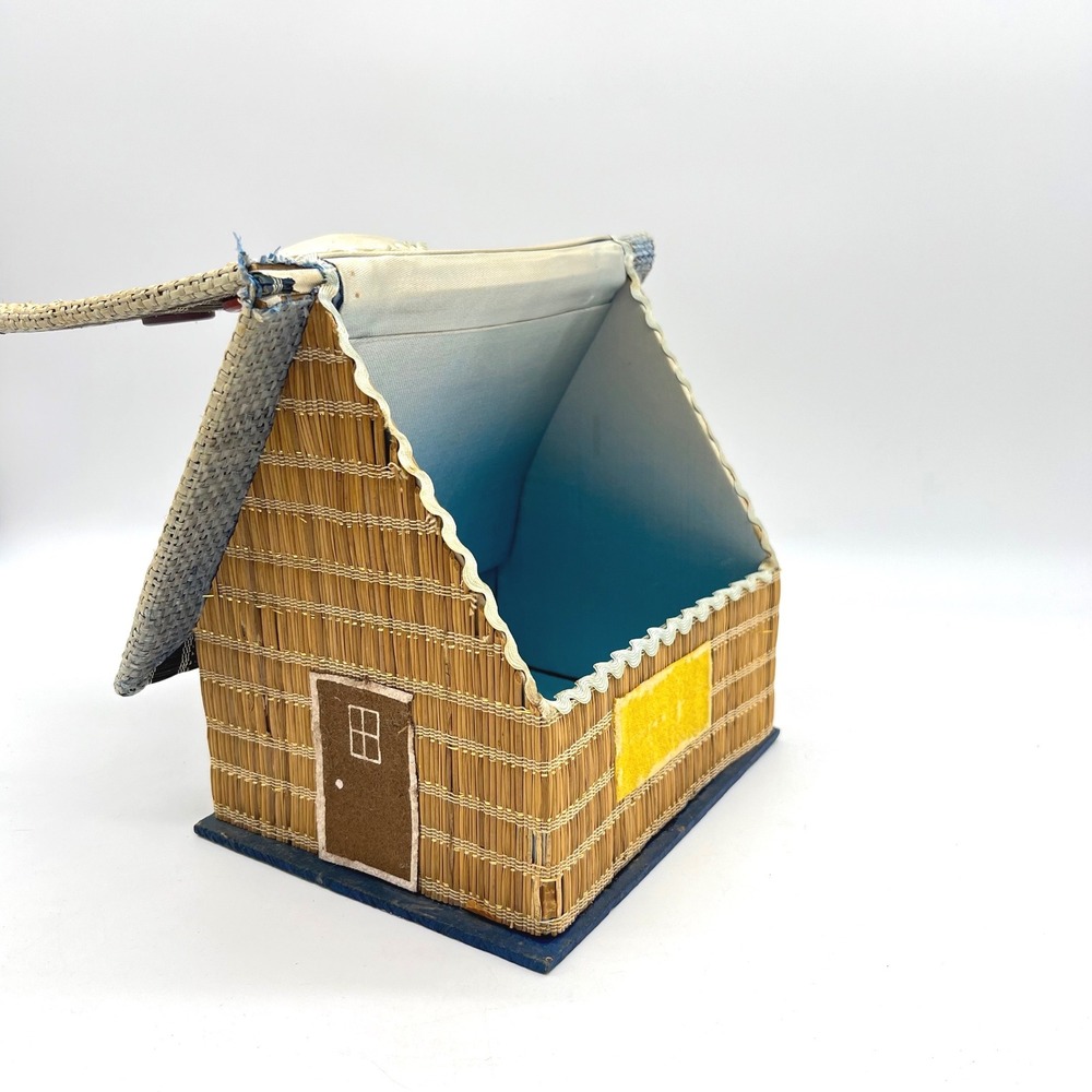 Vintage Woven Straw Cottage Sewing Basket Pincushion Box Japan Mid Century - Picture 2 of 12